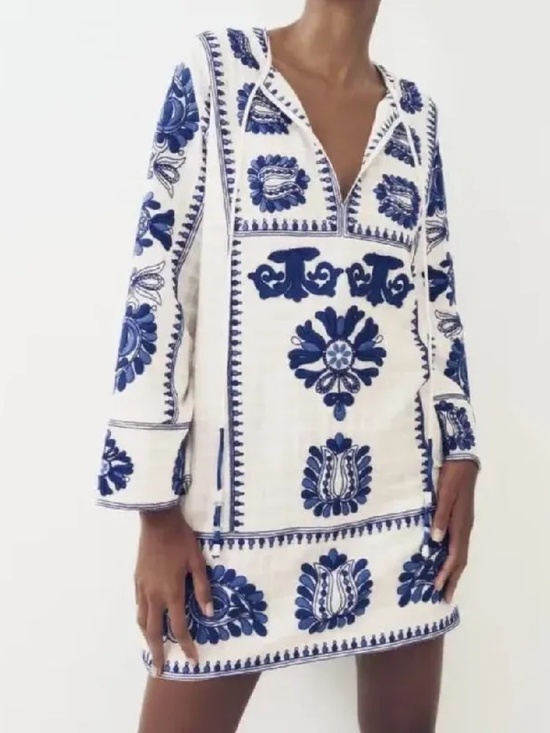 Zara Dresses & Skirts - Zara Blue White Embroidered Short Mini Kaftan Caftan XS Dress A2